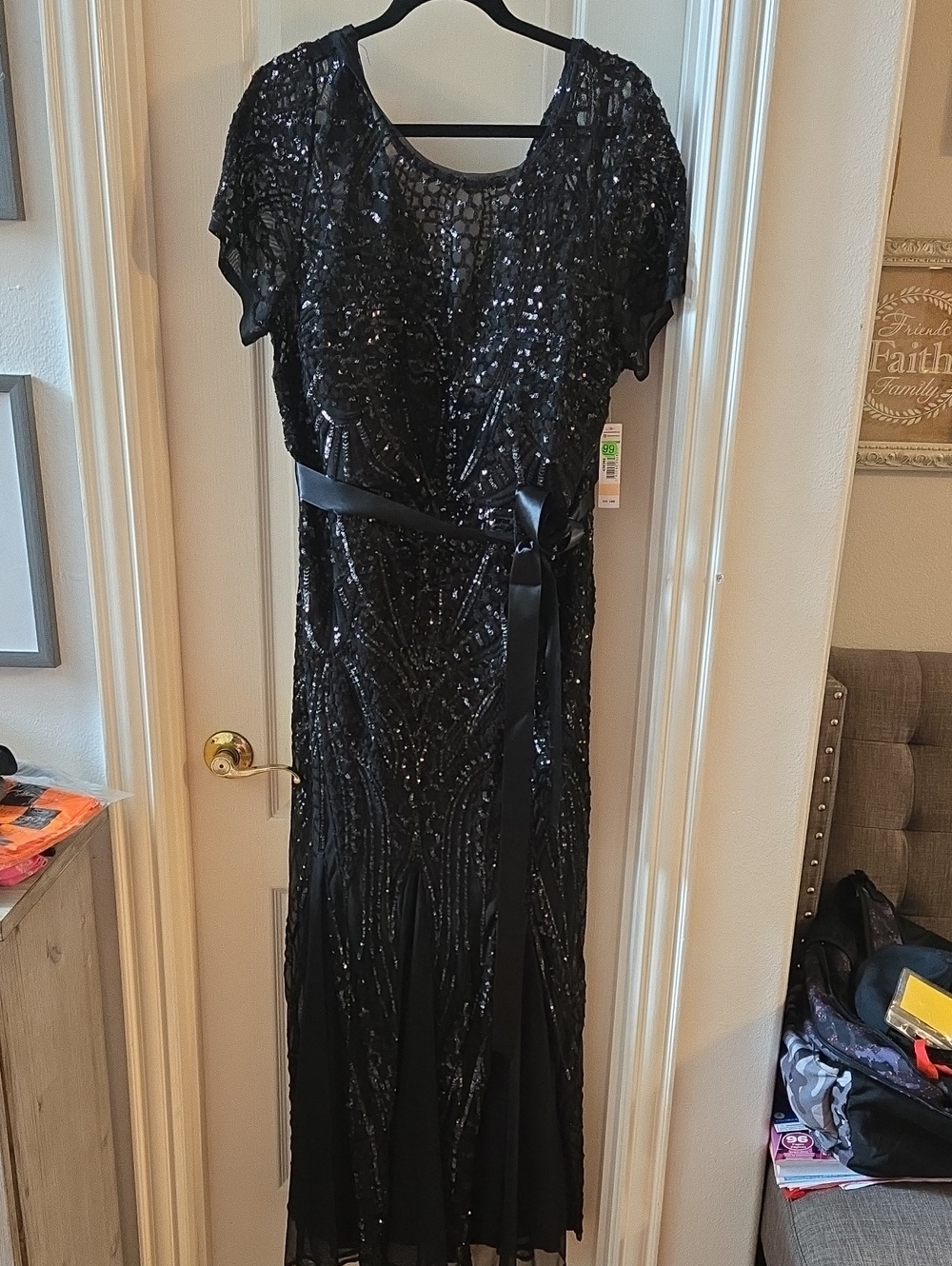 R&M Richards Black Sequin Dress with Satin Waist Tie Size 14W NWT